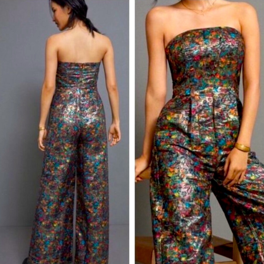 Maeve Anthropologie metallic blk motif strapless wide leg jumpsuit size 6P US